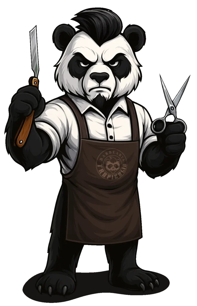 Mascote da Barbearia Tropicalia: um panda barbeiro com navalha e tesoura